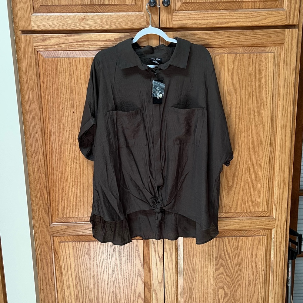 City Chic Dark Brown Button-Front Tie Hem Blouse